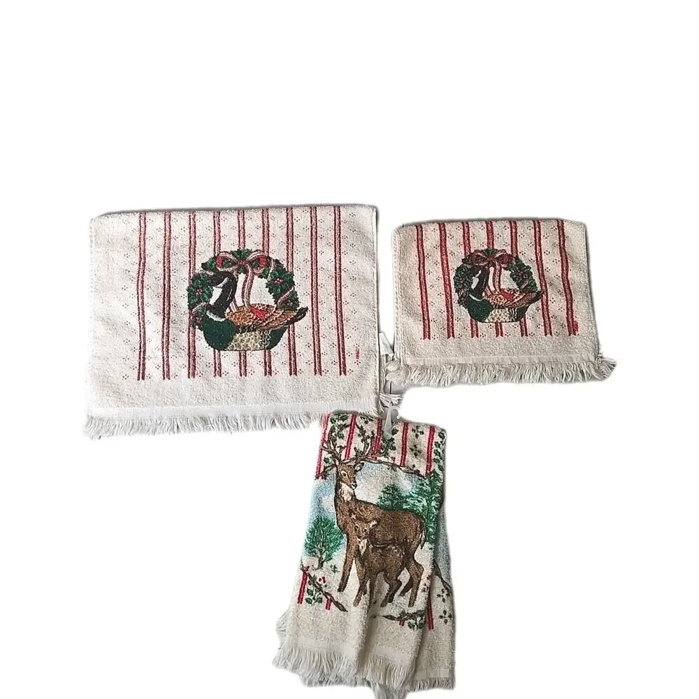 Lot of 3‎ Vtg MCM Cannon Christmas Duck Deer 100% Cotton USA Fringe Hand Towels